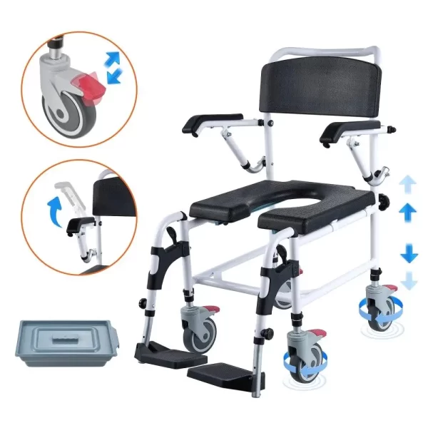 Shower Commode Wheelchair 4 Lockable Wheels